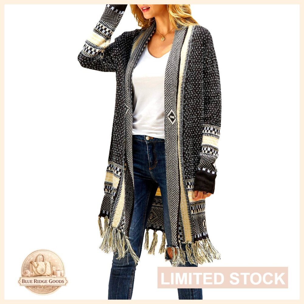 Long Open Front Cardigan Sweater with Tassel Fringe, 100% Acrylic